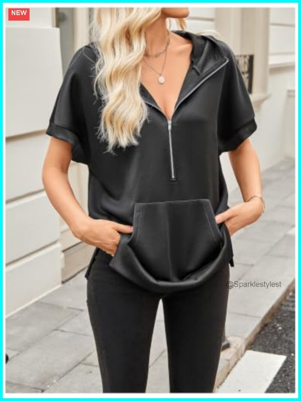 Women's Half Zip Oversized Hoodie Short Sleeve Pullover with Pocket